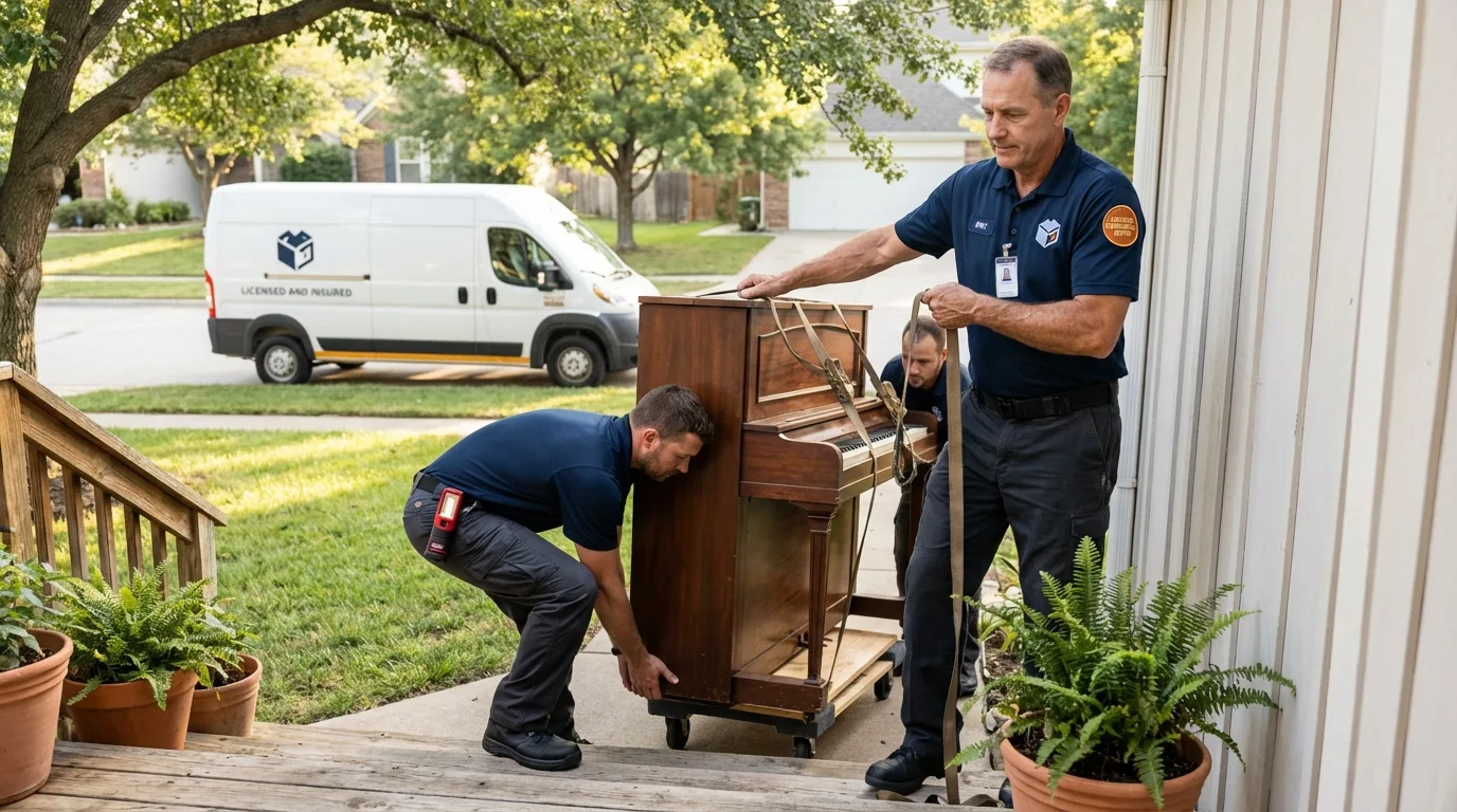Licensed piano movers securing grand piano in Cambridge, NY