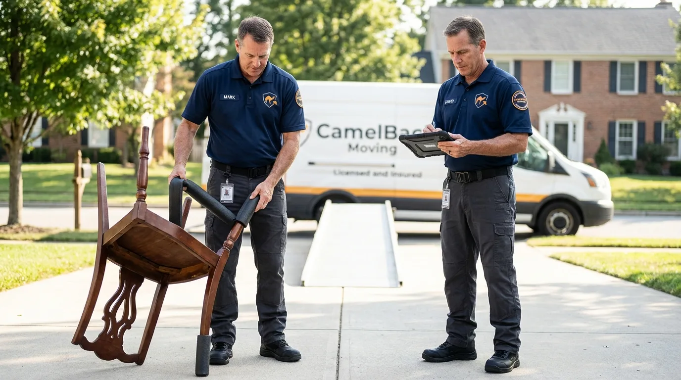 Movers inspecting furniture for damage prevention before loading in Cambridge, NY