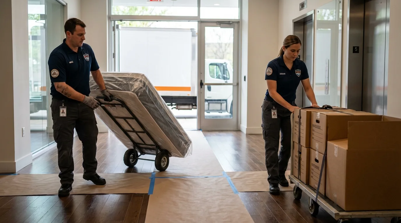 Professional apartment movers loading elevator in Cambridge, NY