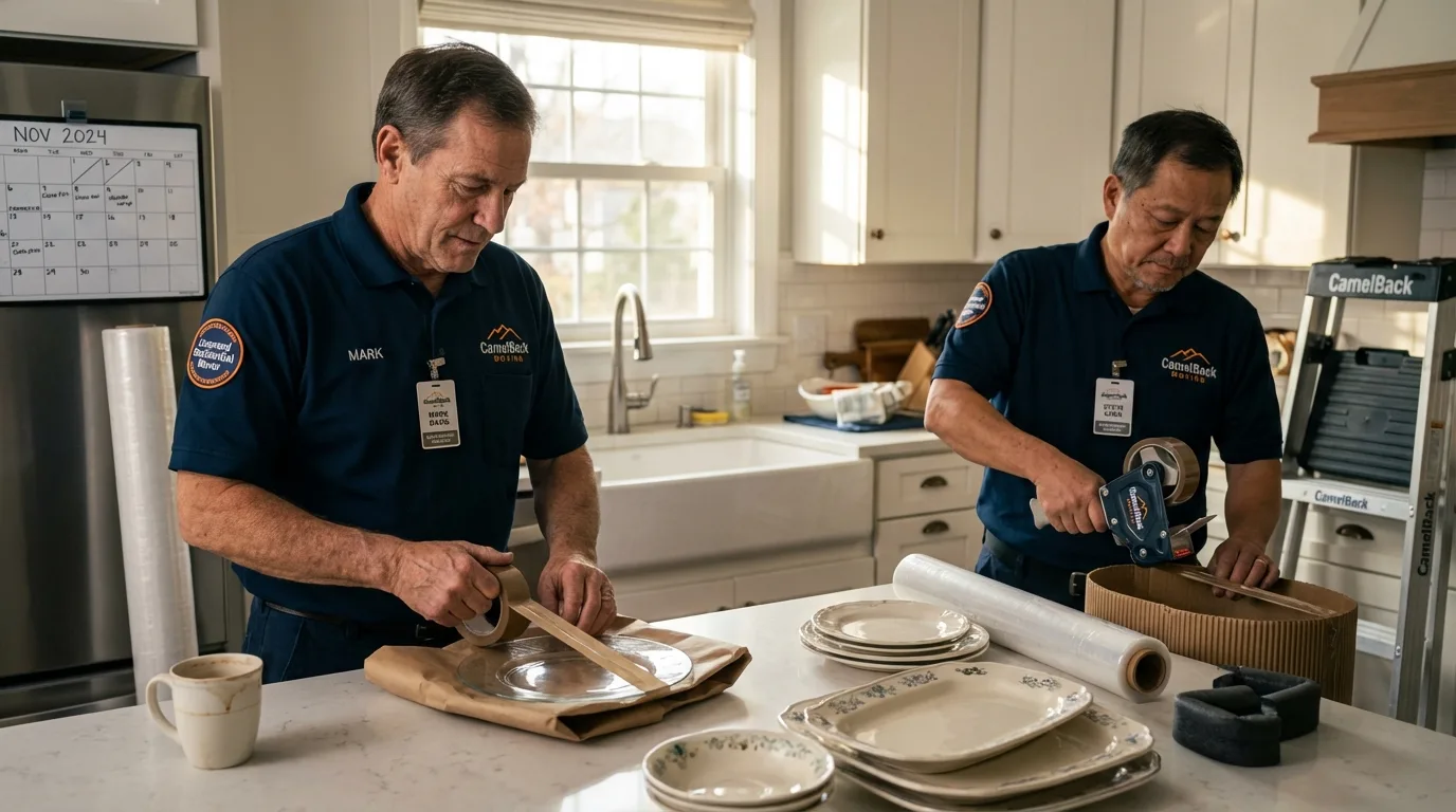 Professional crew packing kitchen dishware in Cambridge, NY